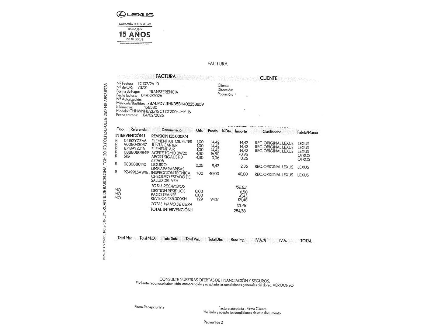 Foto del mantenimiento del Lexus CT Lexus CT 200h Sport Edition (136 CV)