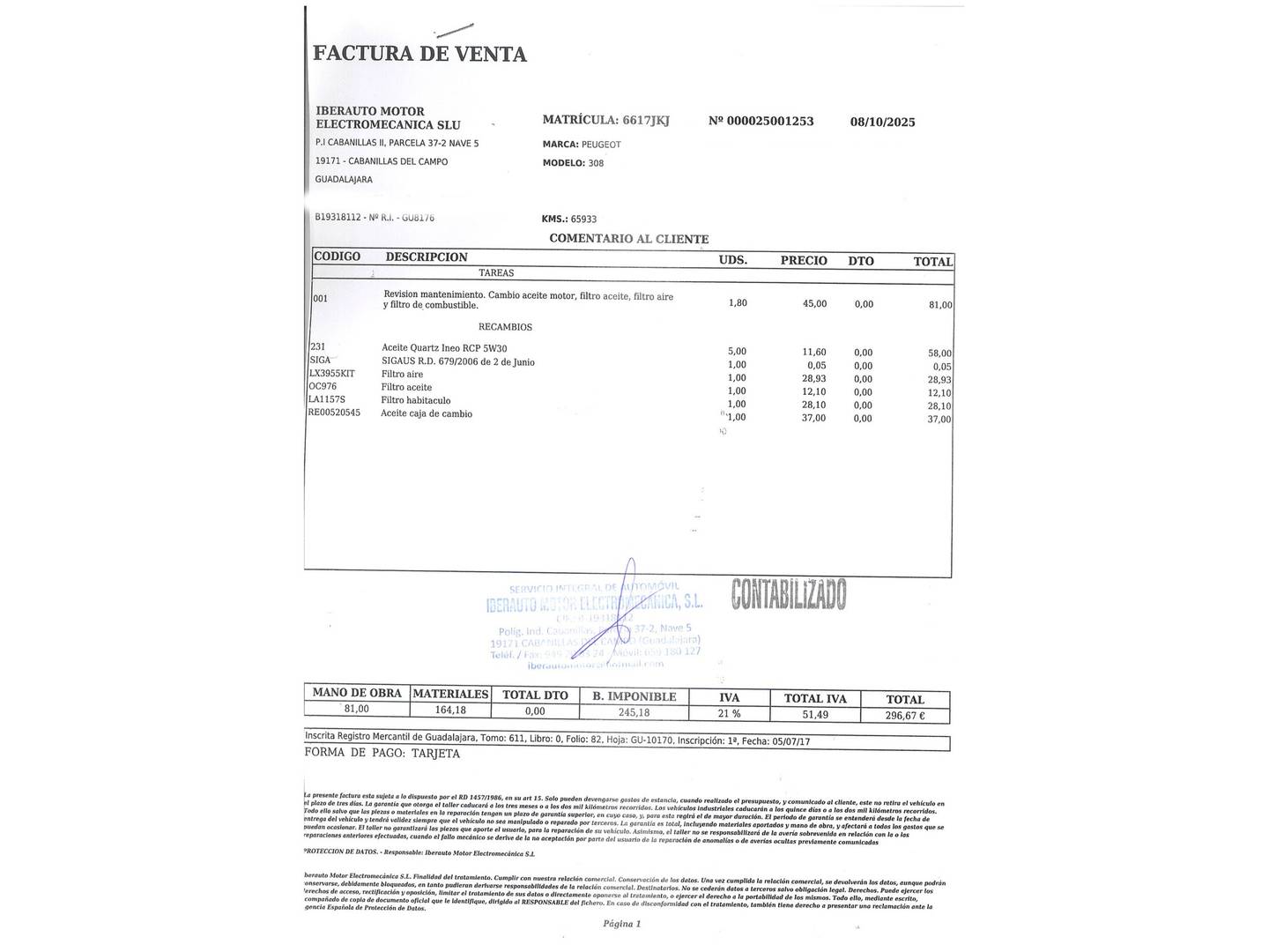 Foto del mantenimiento del Peugeot 308 Peugeot 308 PureTech 110 S&S Style (110 CV)