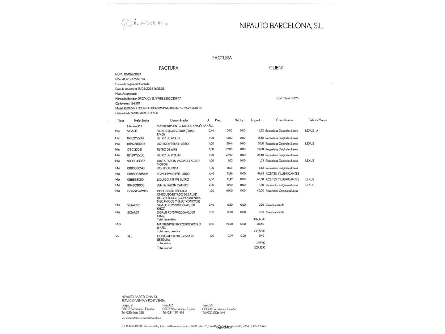 Foto del mantenimiento del Lexus NX Lexus NX 300h Business 2WD (197 CV)