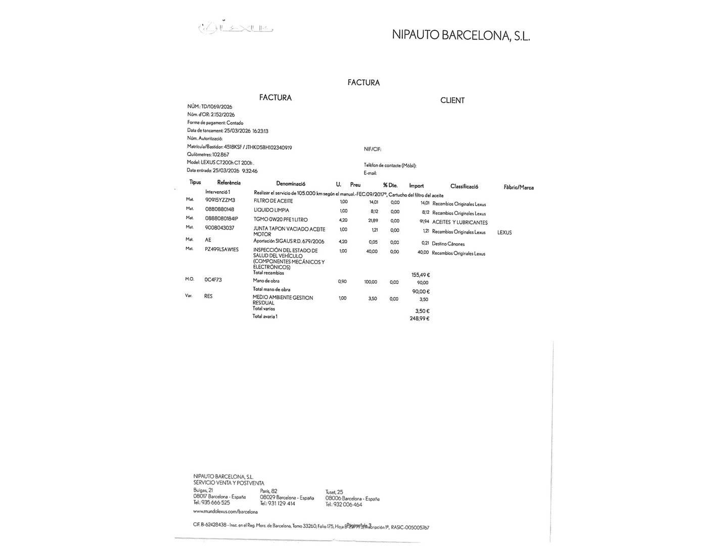 Foto del mantenimiento del Lexus CT Lexus CT 200h Business (136 CV)