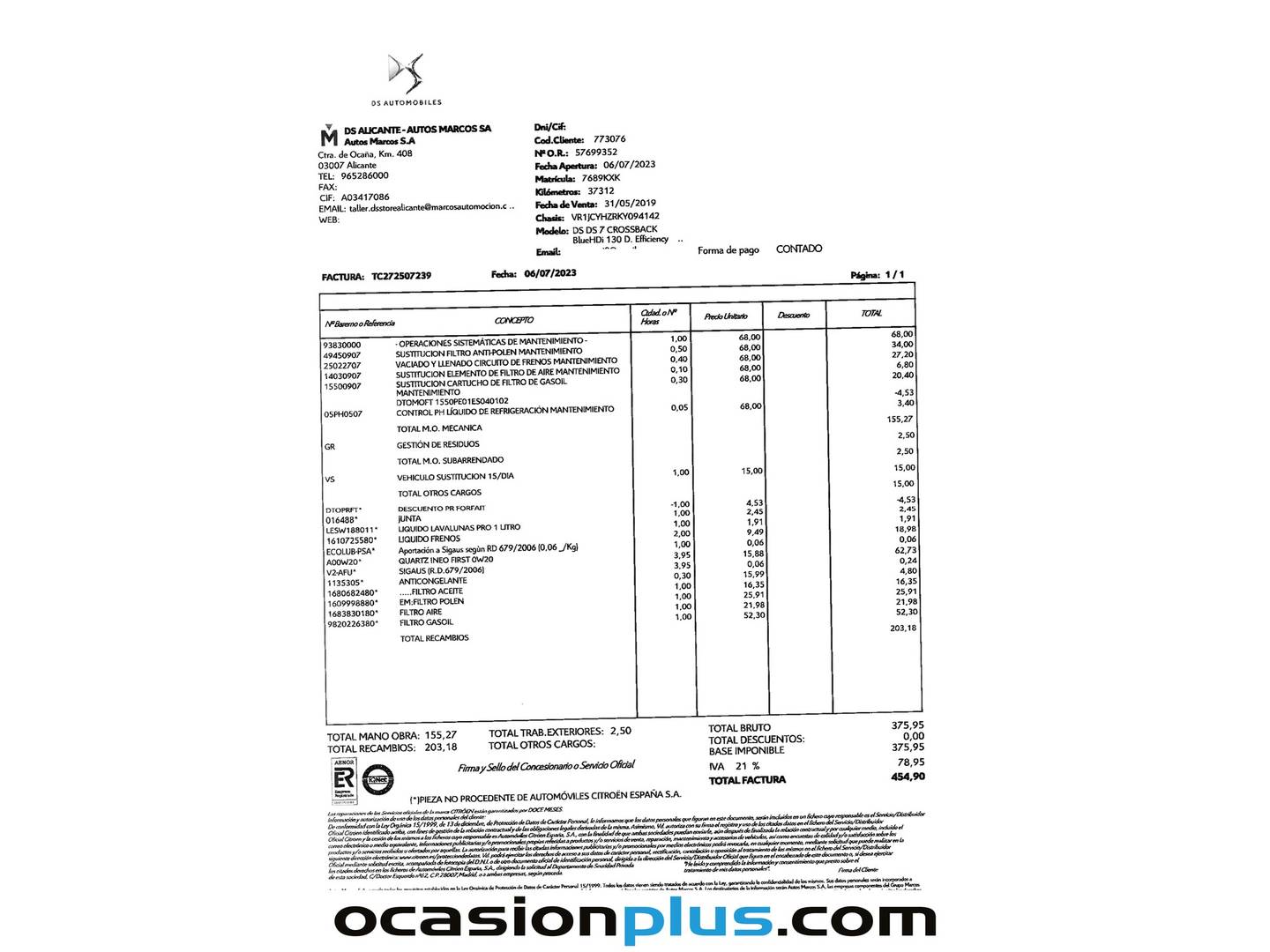 Foto del mantenimiento del DS DS 7 Crossback DS DS7 Crossback BlueHDi 130 Performance Line Auto (130 CV)