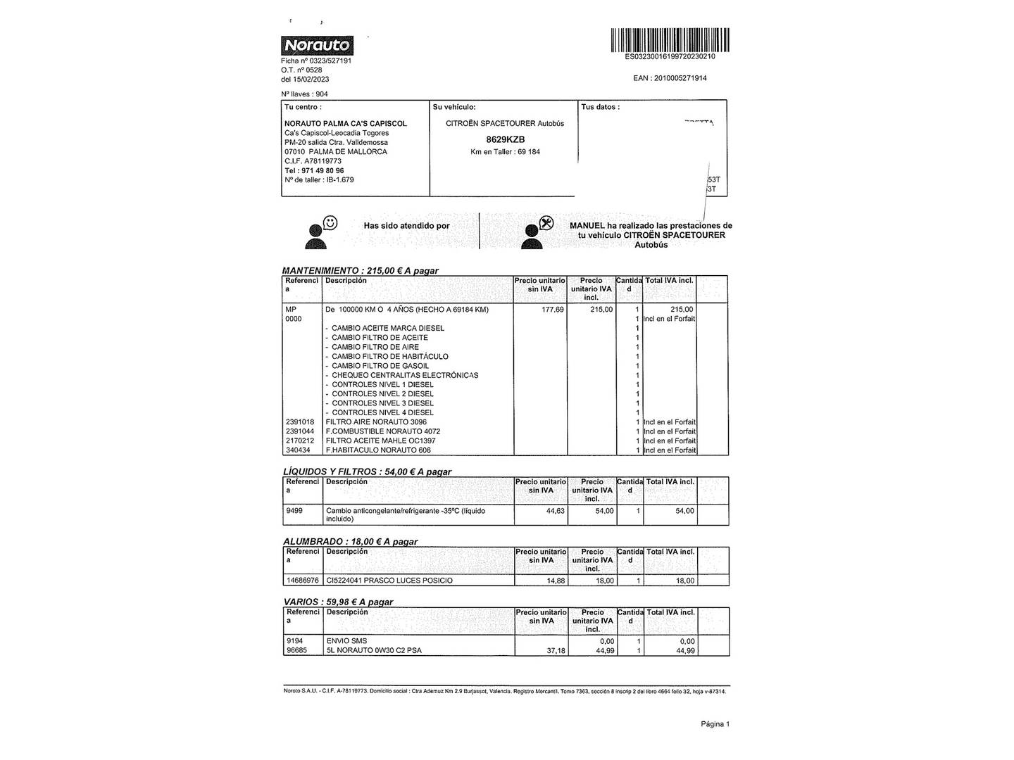 Foto del mantenimiento del Citroën Spacetourer Citroën Spacetourer BlueHDi 150 Talla M Origins (150 CV)