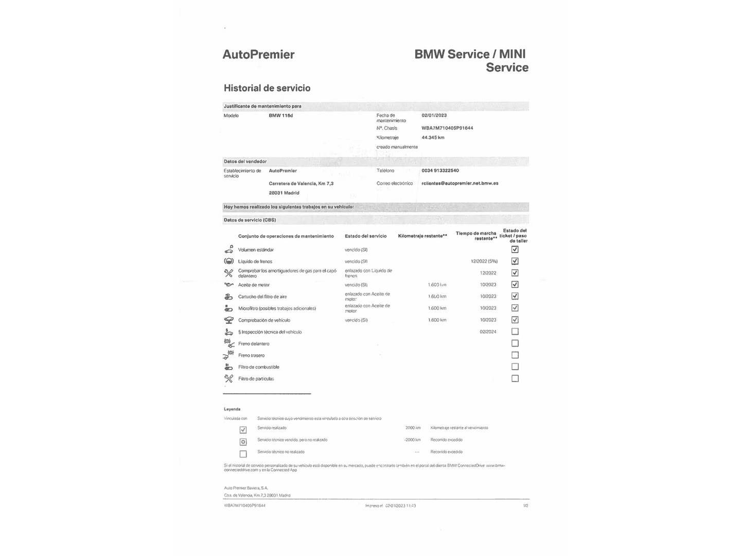 Foto del mantenimiento del BMW Serie 1 BMW Serie 1 116d (116 CV) Pack M
