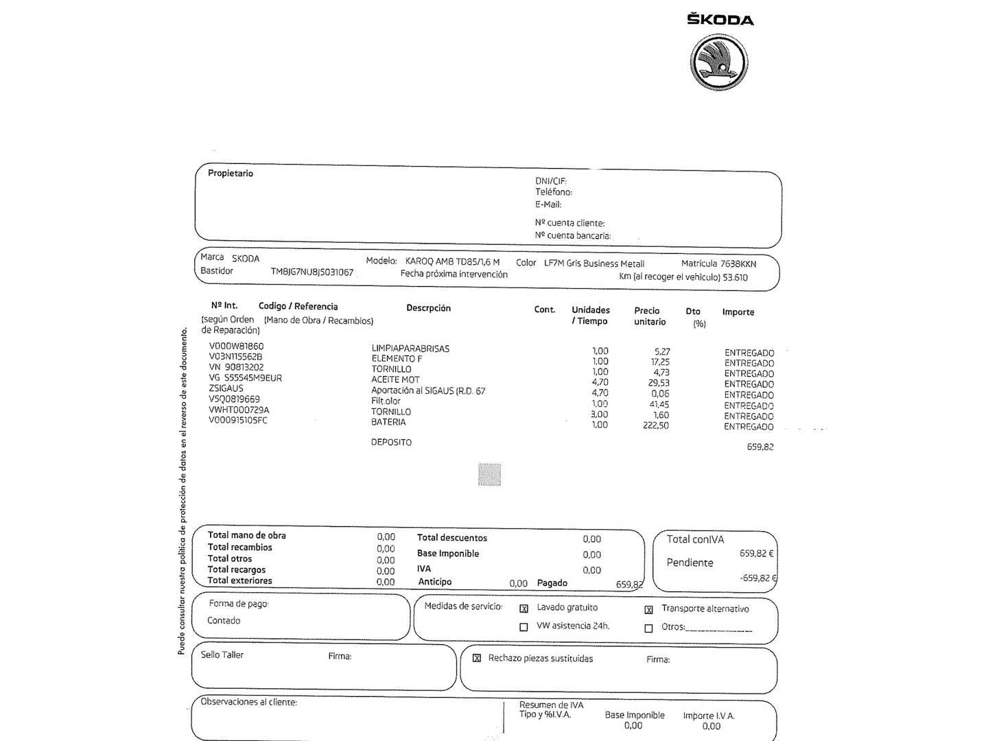 Foto del mantenimiento del Skoda Karoq Skoda Karoq 1.6 TDI Ambition (115 CV)