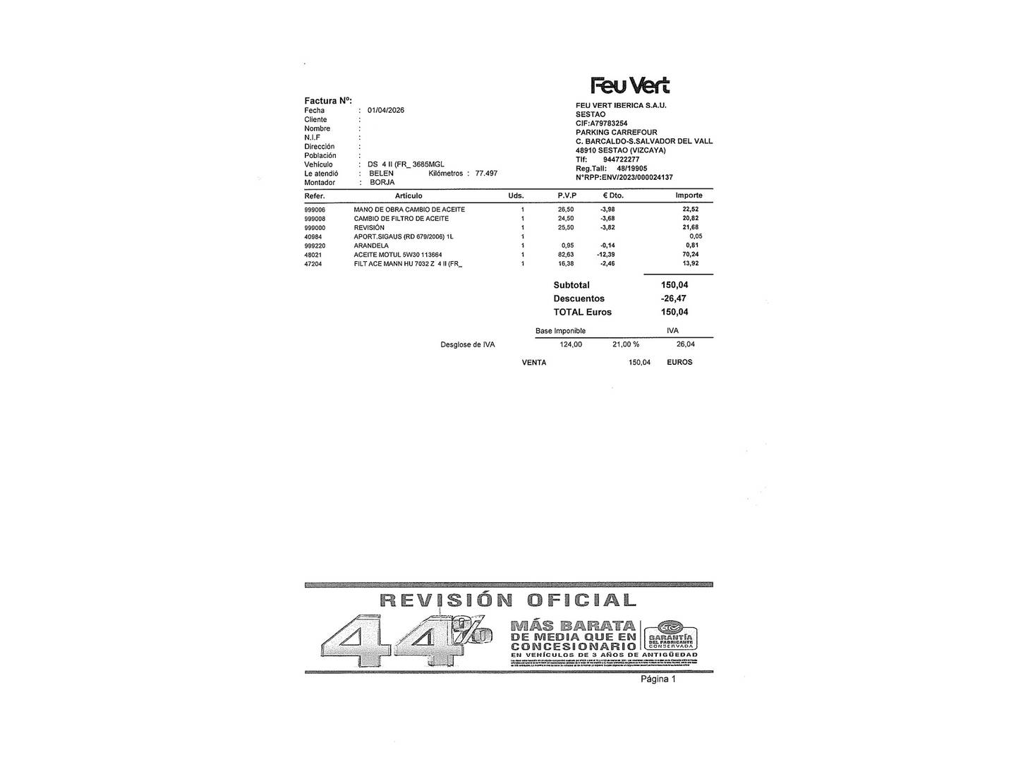 Foto del mantenimiento del DS DS 4 DS DS4 BlueHDi 130 Bastille Auto (130 CV)