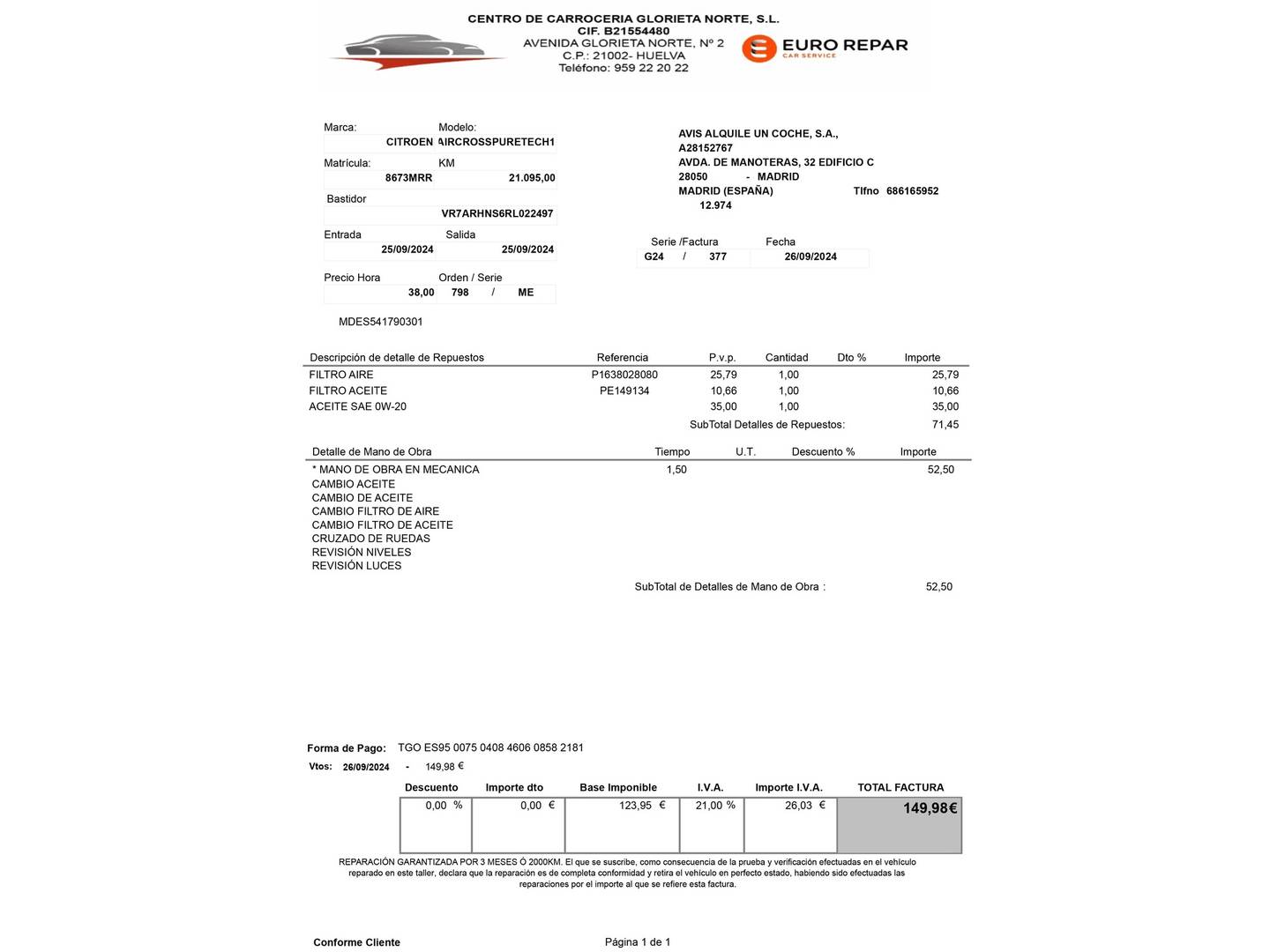 Foto del mantenimiento del Citroën C5 Aircross Citroën C5 Aircross PureTech 130 S&S Plus (131 CV)