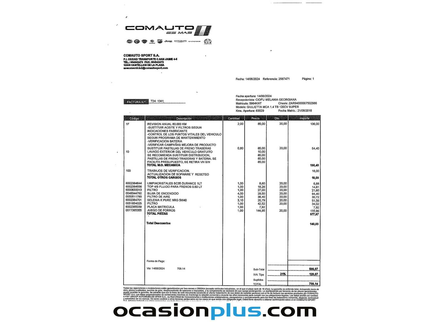 Foto del mantenimiento del Alfa Romeo Giulietta Alfa Romeo Giulietta 1.4 TB Super (120 CV)