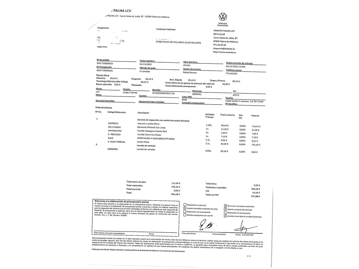 Foto del mantenimiento del Volkswagen Caddy Volkswagen Caddy 2.0 TDI (102 CV)