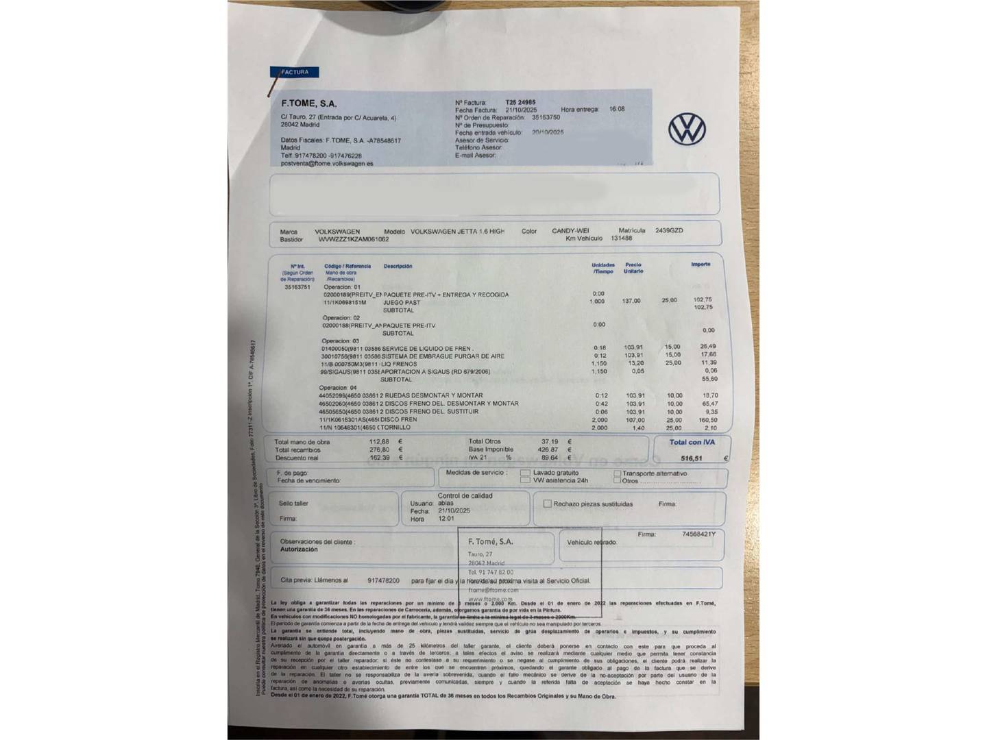 Foto del mantenimiento del Volkswagen Jetta Volkswagen Jetta Highline 1.6 TDI  (105 CV)