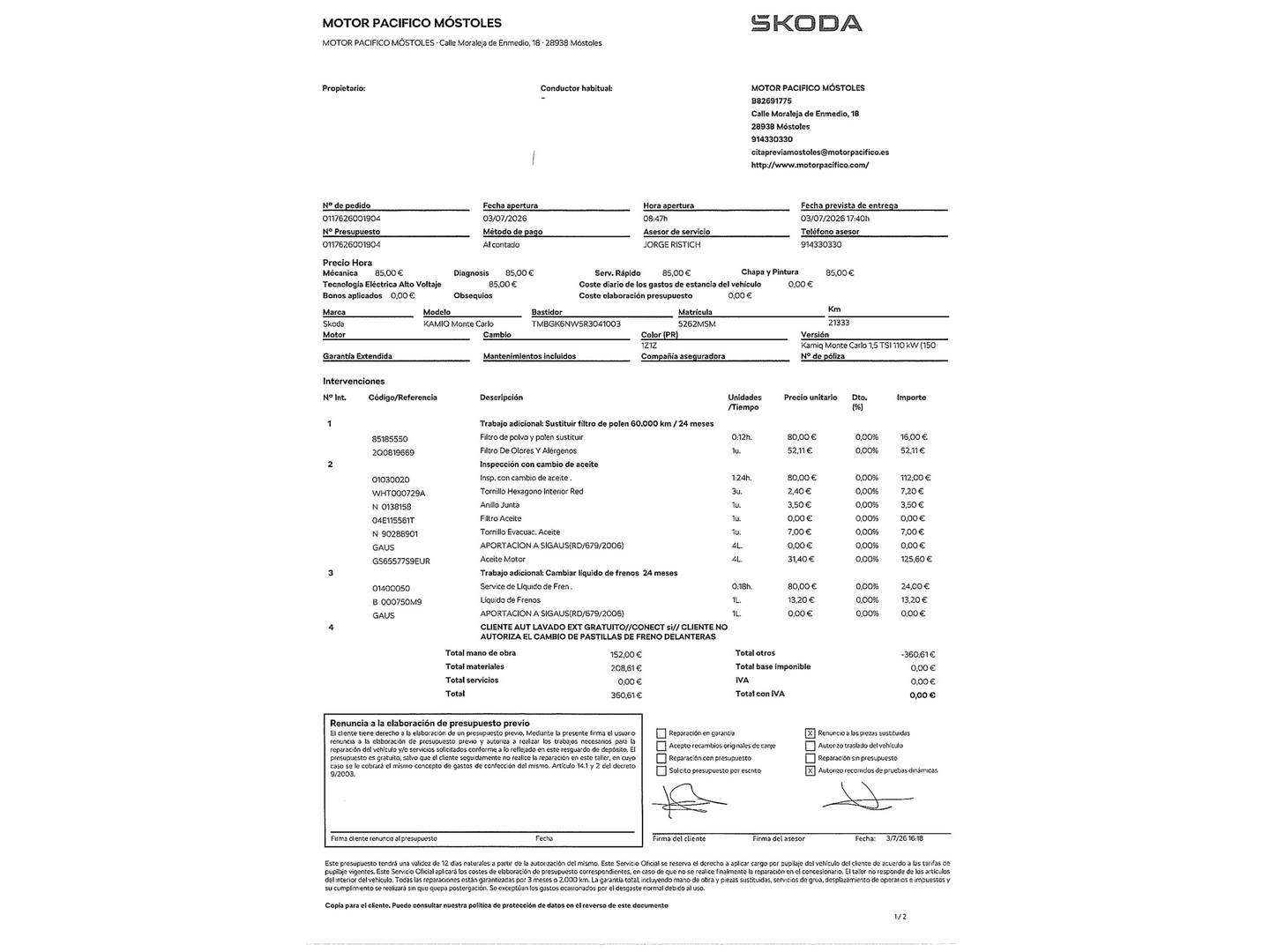 Foto del mantenimiento del Skoda Kamiq Skoda Kamiq 1.5 TSI Montecarlo DSG (150 CV)