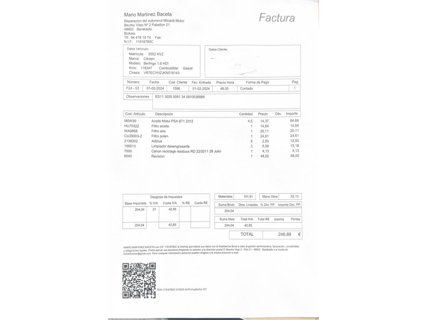 Foto del mantenimiento del Citroën Berlingo Citroen Berlingo BlueHDi 130 S&S Talla M Shine (130 CV)