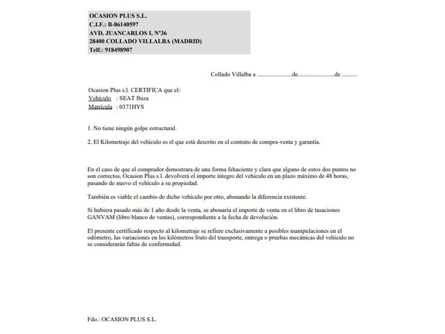 Foto del certificado del Seat Ibiza Seat Ibiza 1.2 TDI Reference (75 CV)