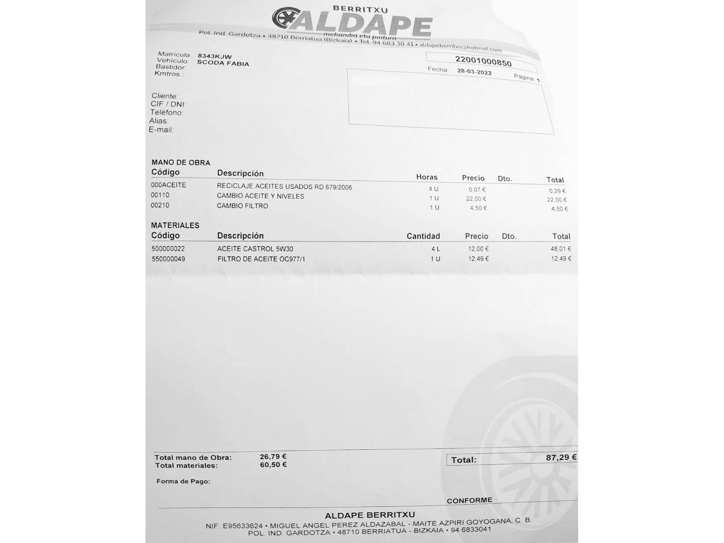 Foto del mantenimiento del Skoda Fabia Skoda Fabia 1.0 TSI Like (95 CV)