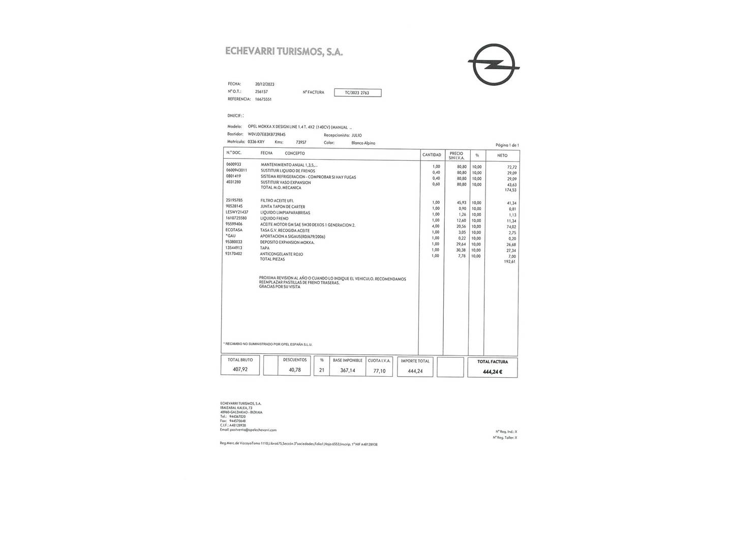 Foto del mantenimiento del Opel Mokka X Opel Mokka X 1.4 Turbo S&S Design Line 4X2 (140 CV)