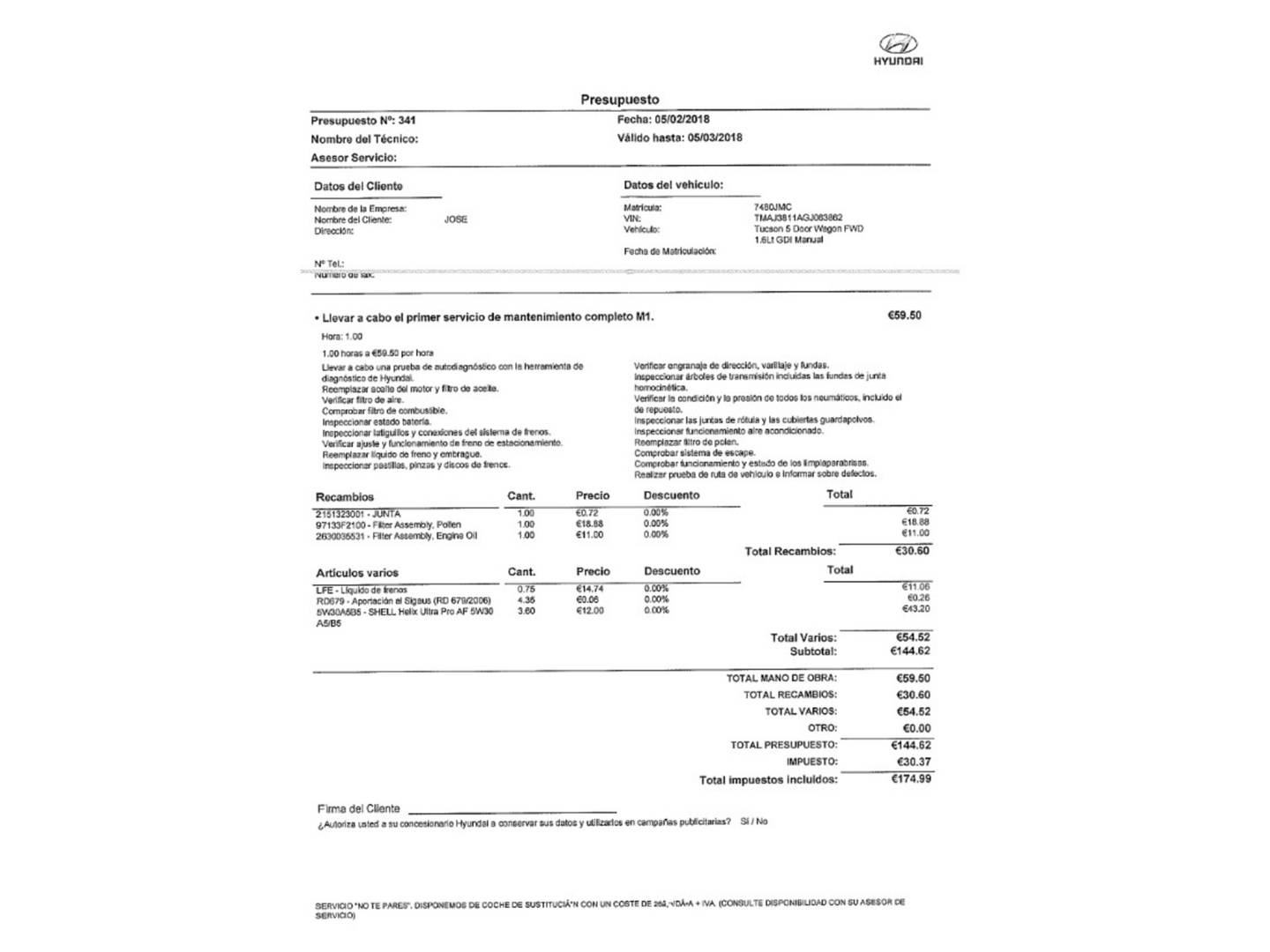 Foto del mantenimiento del Hyundai Tucson Hyundai Tucson 1.6 GDI BlueDrive Tecno 4x2  (131 CV)