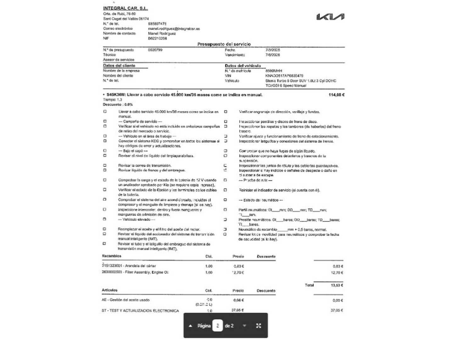 Foto del mantenimiento del KIA Stonic KIA Stonic 1.0 T-GDi MHEV iMT GT Line (100 CV)