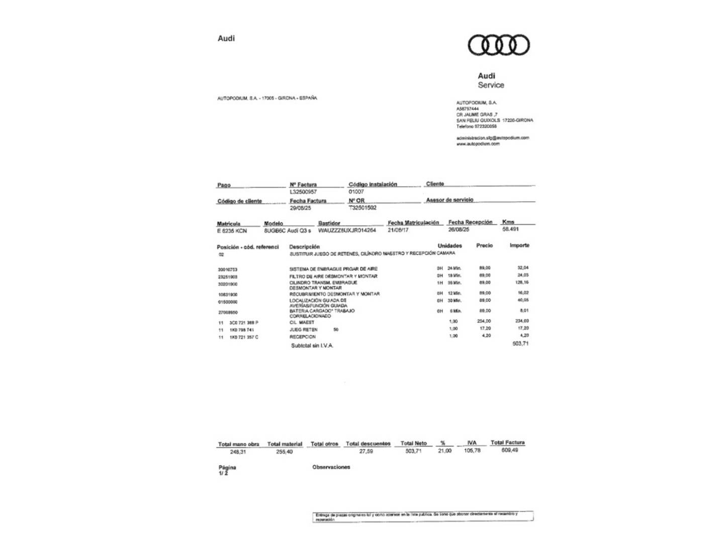 Foto del mantenimiento del Audi Q3 Audi Q3 sport edition 1.4 TFSI CoD  (150 CV)