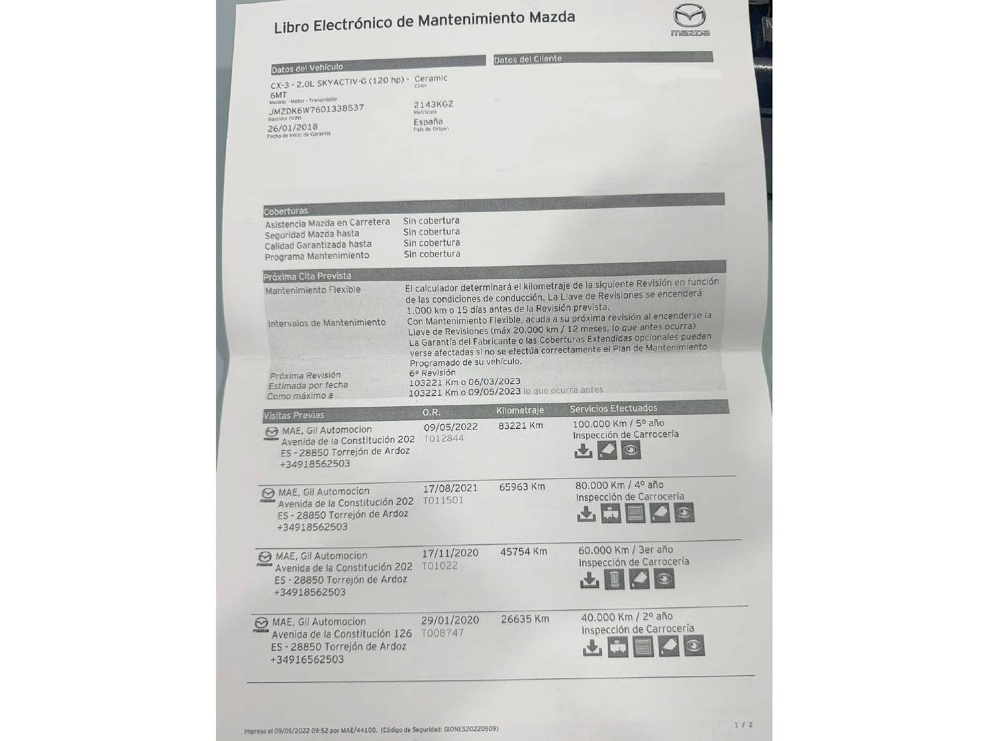 Foto del mantenimiento del Mazda CX-3 Mazda CX-3 2.0 SKYACTIV GE Luxury 2WD (120 CV)