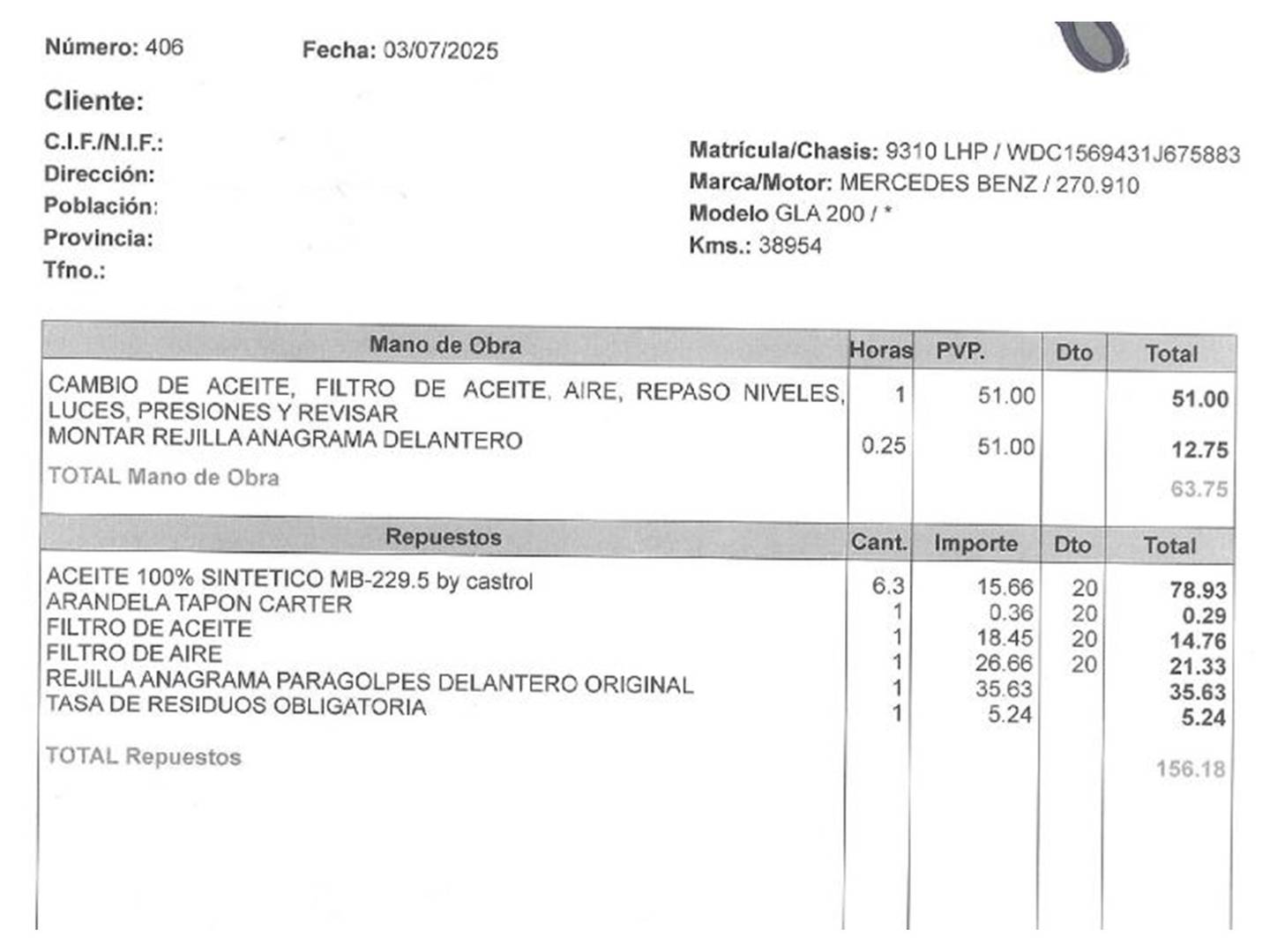 Foto del mantenimiento del Mercedes GLA Mercedes-Benz GLA 200 (156 CV)