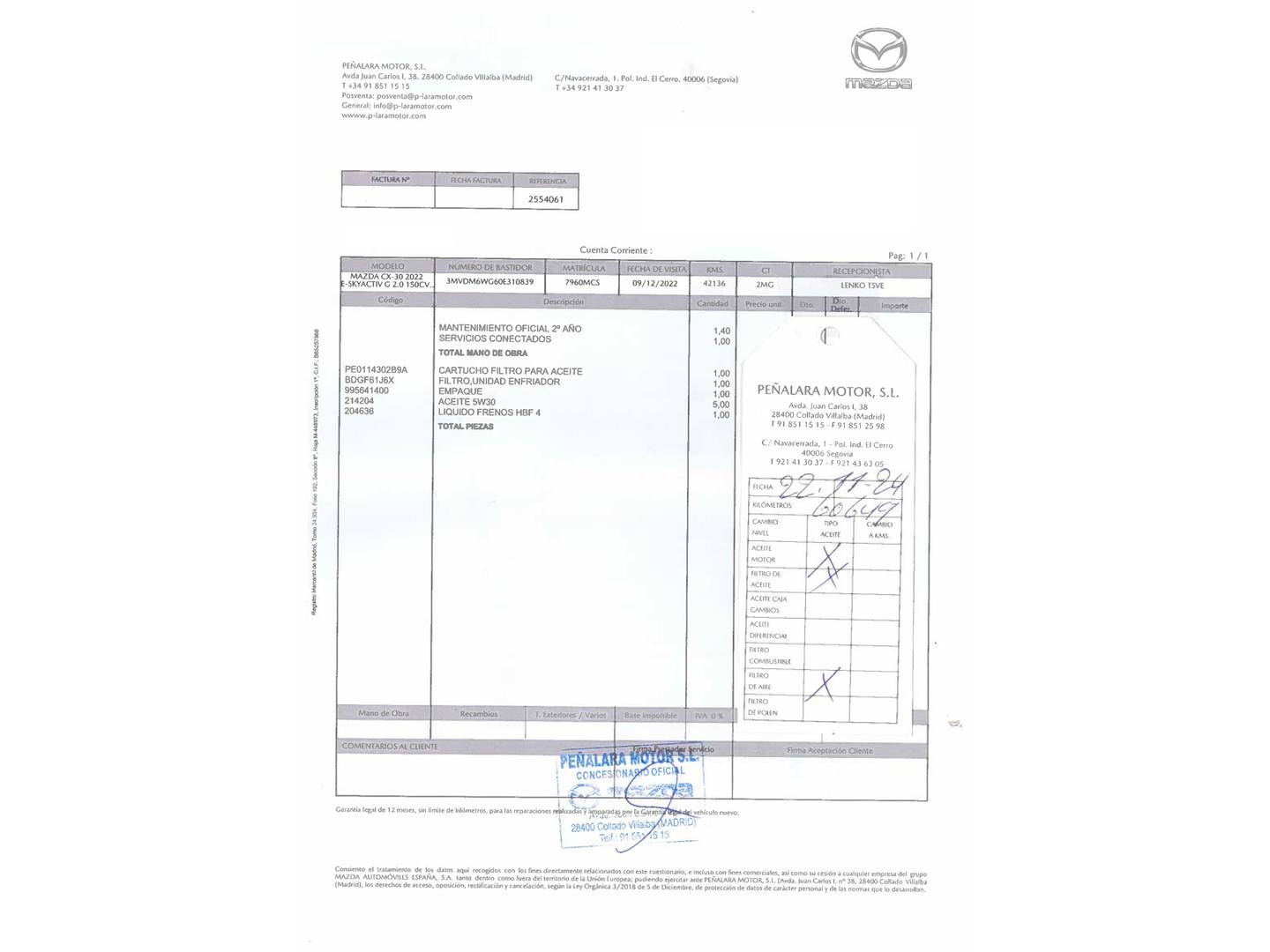 Foto del mantenimiento del Mazda CX-30 Mazda CX-30 2.0 e-SKYACTIV-G Homura 2WD (150 CV)