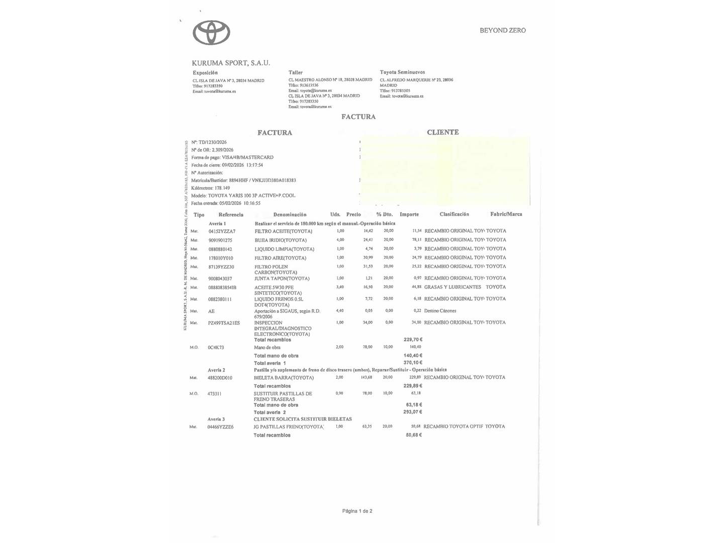 Foto del mantenimiento del Toyota Yaris Toyota Yaris 1.3 Active (99 CV)