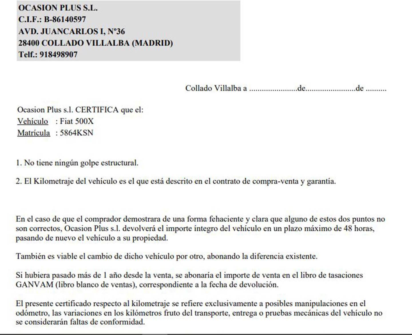 Foto del certificado del Fiat 500X Fiat 500X 1.6 E-Torq S&S Urban 4x2 (110 CV)