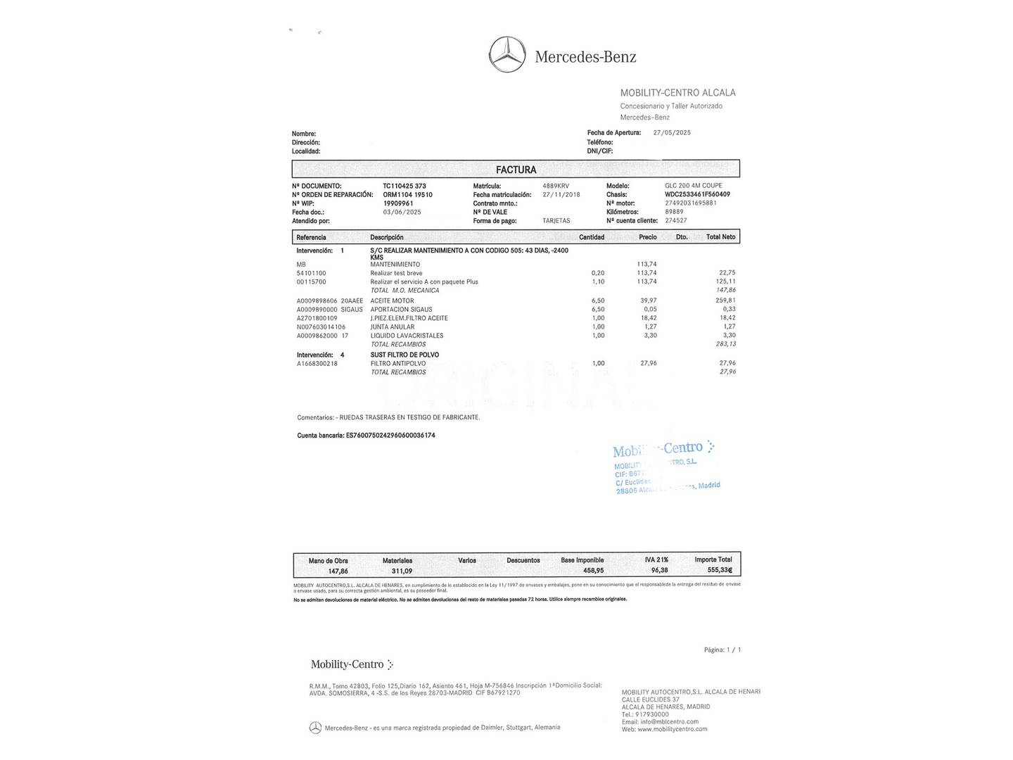Foto del mantenimiento del Mercedes GLC Coupé Mercedes GLC Coupé 250 4Matic (211 CV)