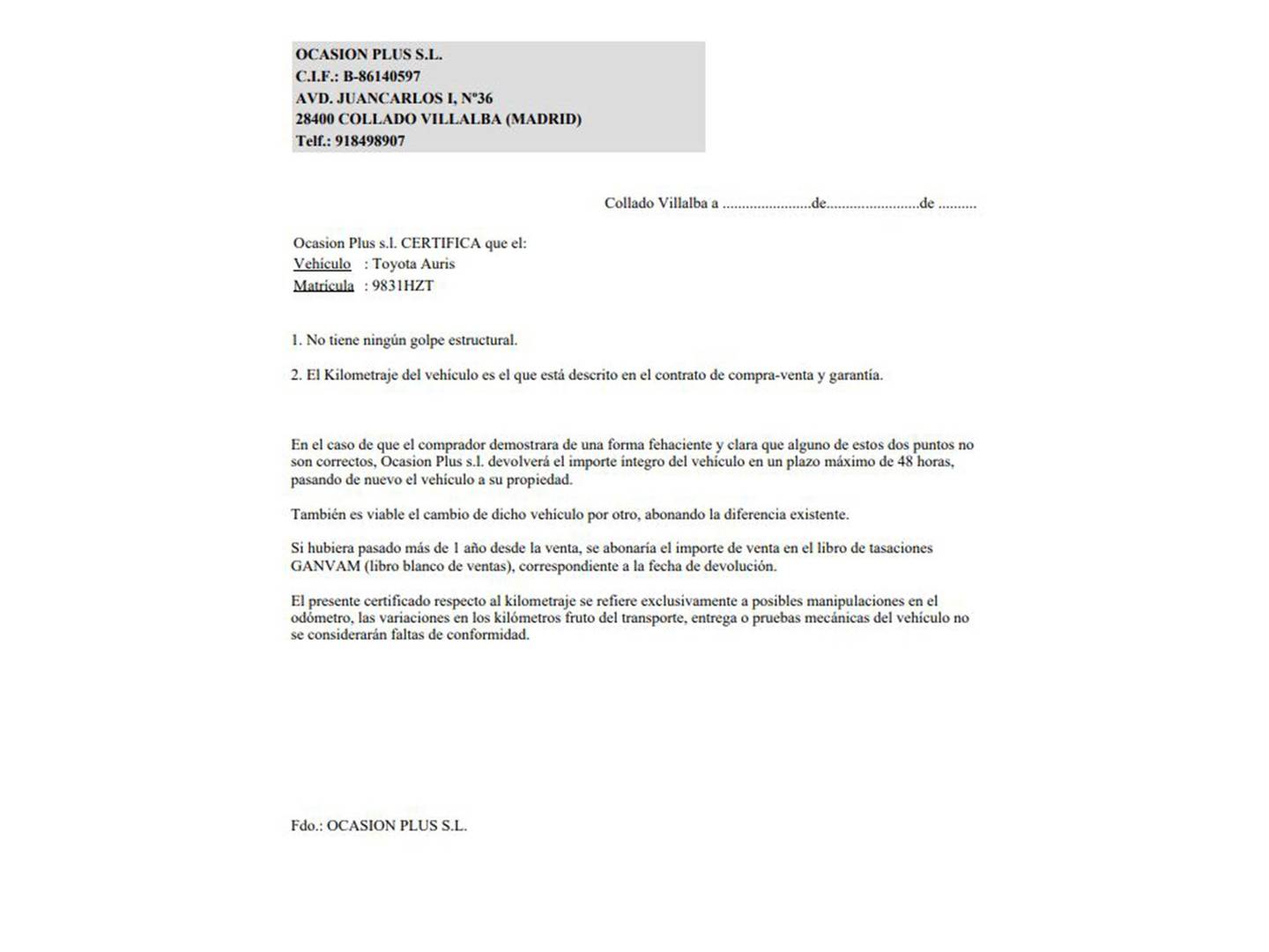 Foto del certificado del Toyota Auris Toyota Auris 130 Touring Sports Active (132 CV)