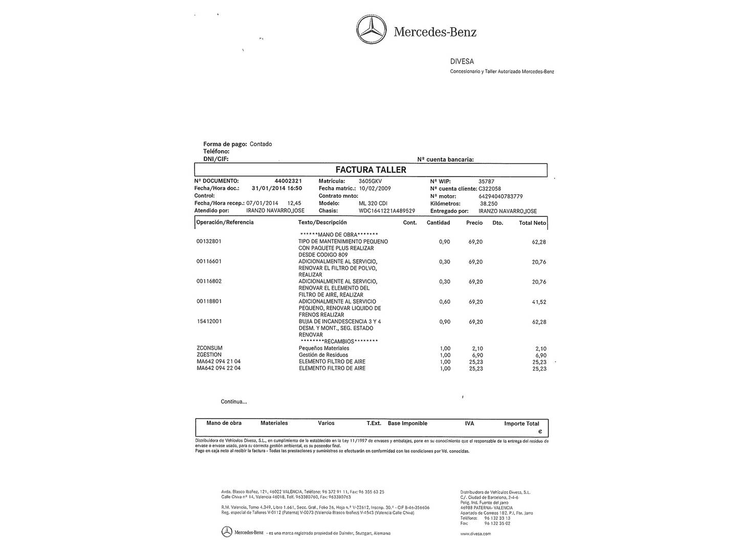 Foto del mantenimiento del Mercedes Clase M Mercedes Clase M ML 320 CDI Edition 10 (224 CV)