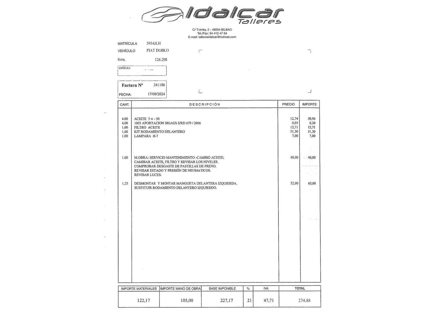 Foto del mantenimiento del Fiat Doblò Fiat Dobló Panorama 1.3 Multijet Pop N1 (90 CV)