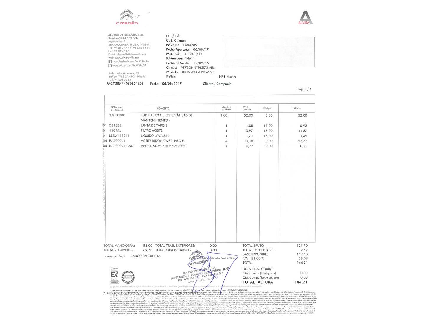 Foto del mantenimiento del Citroën C4 Picasso Citroën C4 Picasso PureTech 130 S&S Feel (130 CV)