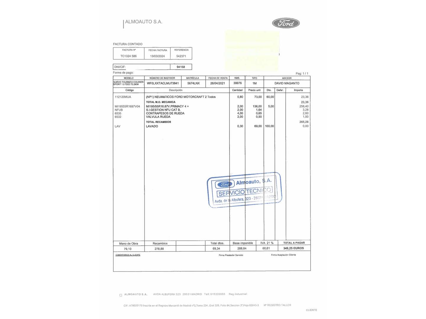 Foto del mantenimiento del Ford Tourneo Courier Ford Tourneo Courier 1.5 TDCi Sport (100 CV)