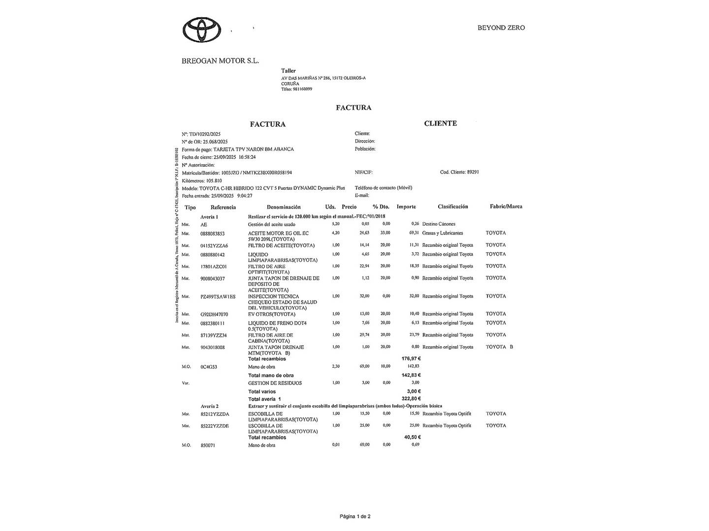 Foto del mantenimiento del Toyota C-HR Toyota C-HR 1.8 125H Advance (122 CV)