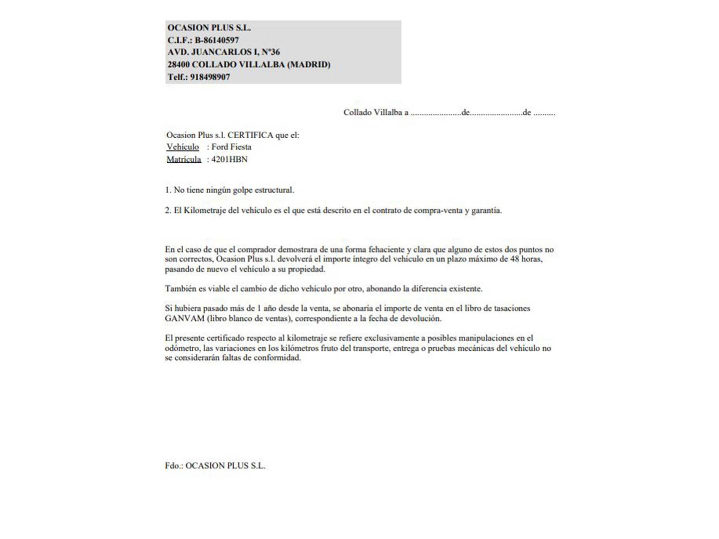 Foto del certificado del Ford Fiesta Ford Fiesta 1.25 Trend (82 CV)