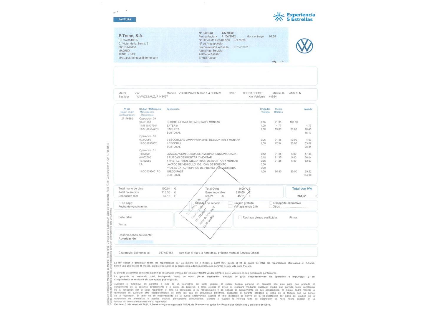 Foto del mantenimiento del Volkswagen Golf Volkswagen Golf Advance 1.4 TSI (125 CV) DSG