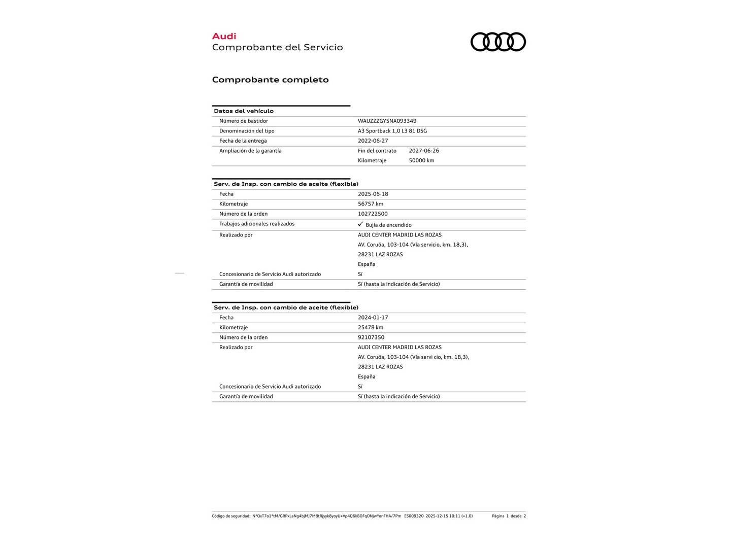 Foto del mantenimiento del Audi A3 Audi A3 Sportback Advanced 30 TFSI (110 CV) S tronic