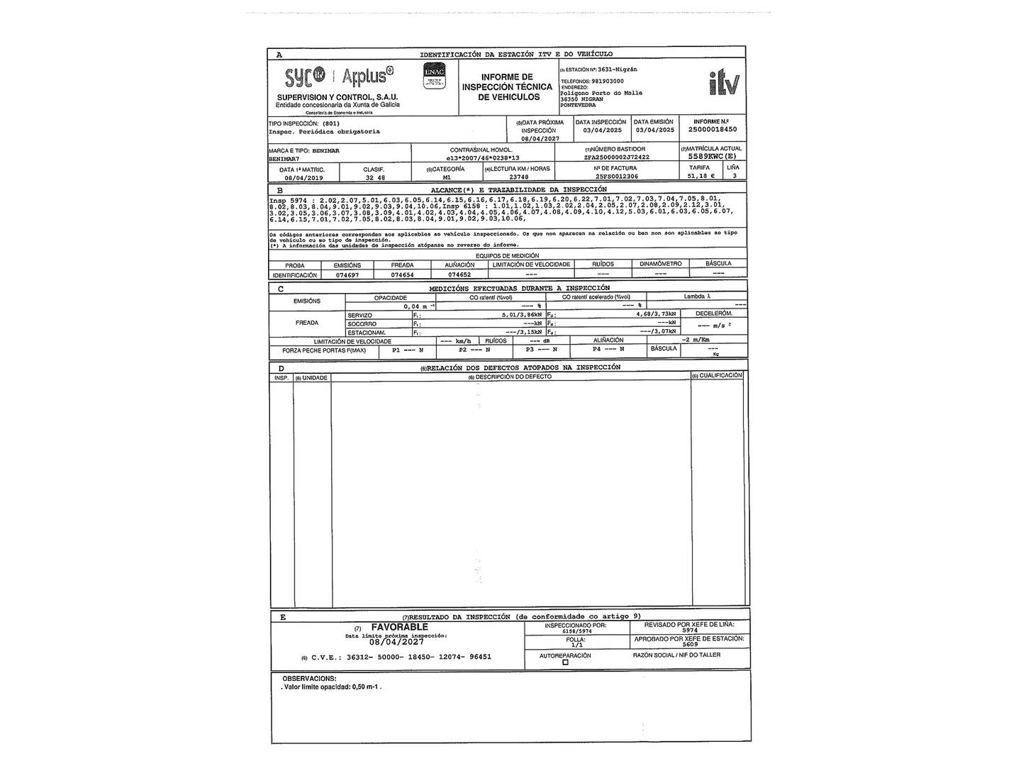 Foto del certificado del Benimar PERSEO Benimar PERSEO 2.3 D (130CV) 4 Plazas