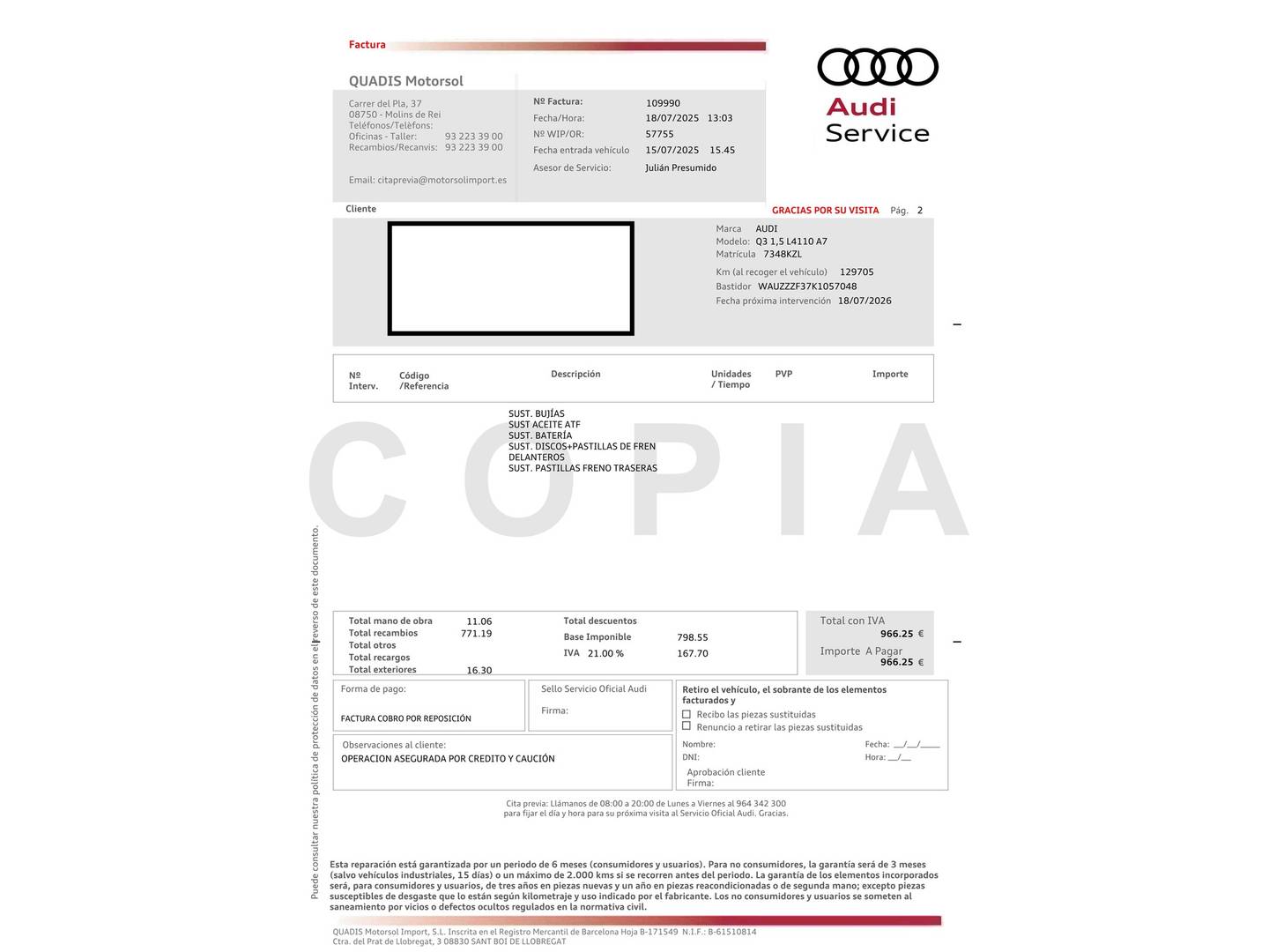 Foto del mantenimiento del Audi Q3 Audi Q3 S line 35 TFSI (150 CV) S tronic