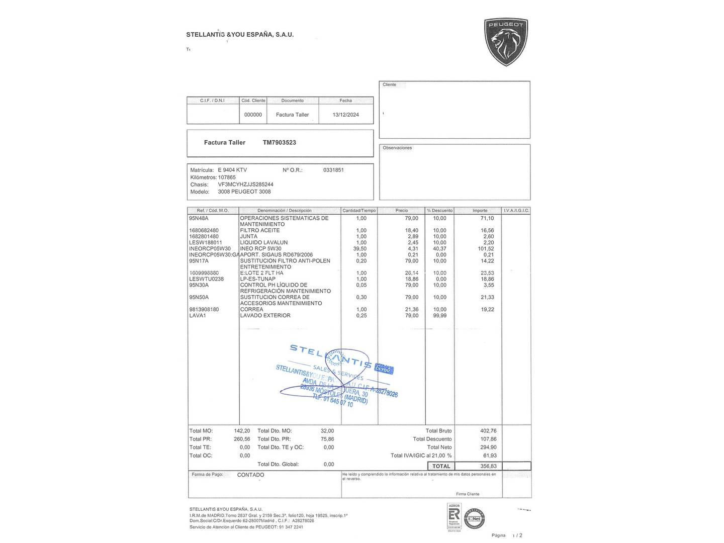 Foto del mantenimiento del Peugeot 3008 Peugeot 3008 BlueHDI 130 S&S Allure (130 CV)