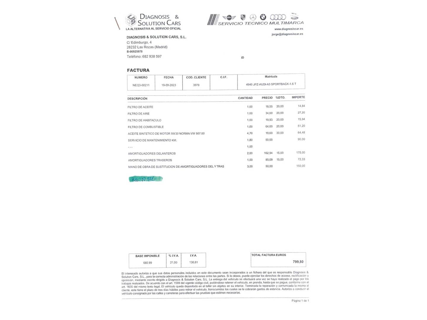 Foto del mantenimiento del Audi A3 Sportback Audi A3 Sportback Advanced 1.6 TDI clean diesel (110 CV)