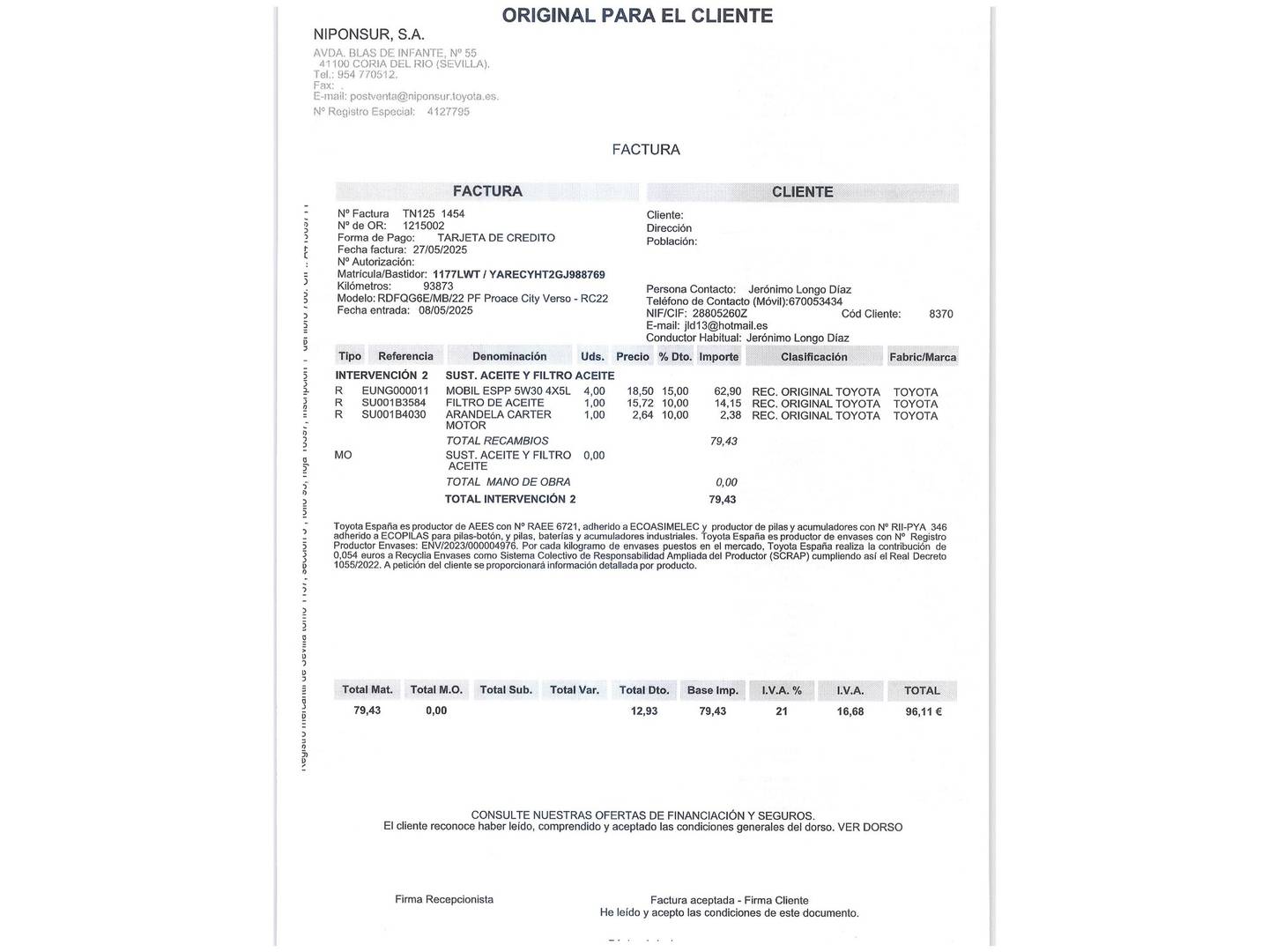 Foto del certificado del Toyota Proace City Verso Toyota Proace City Verso 1.5D Family Active L1 (131 CV)