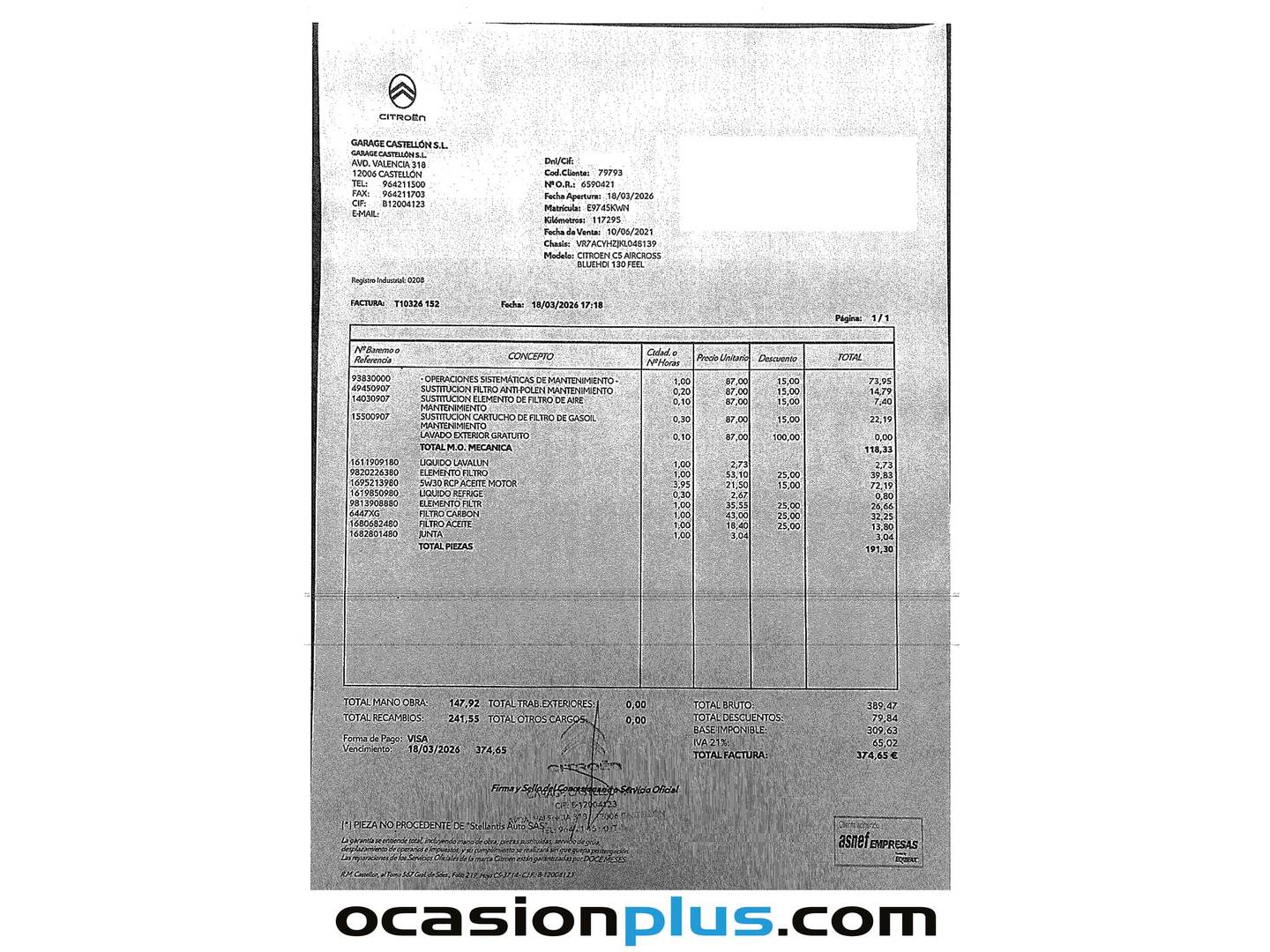 Foto del mantenimiento del Citroën C5 Aircross Citroën C5 Aircross BlueHdi 130 S&S Feel (131 CV)