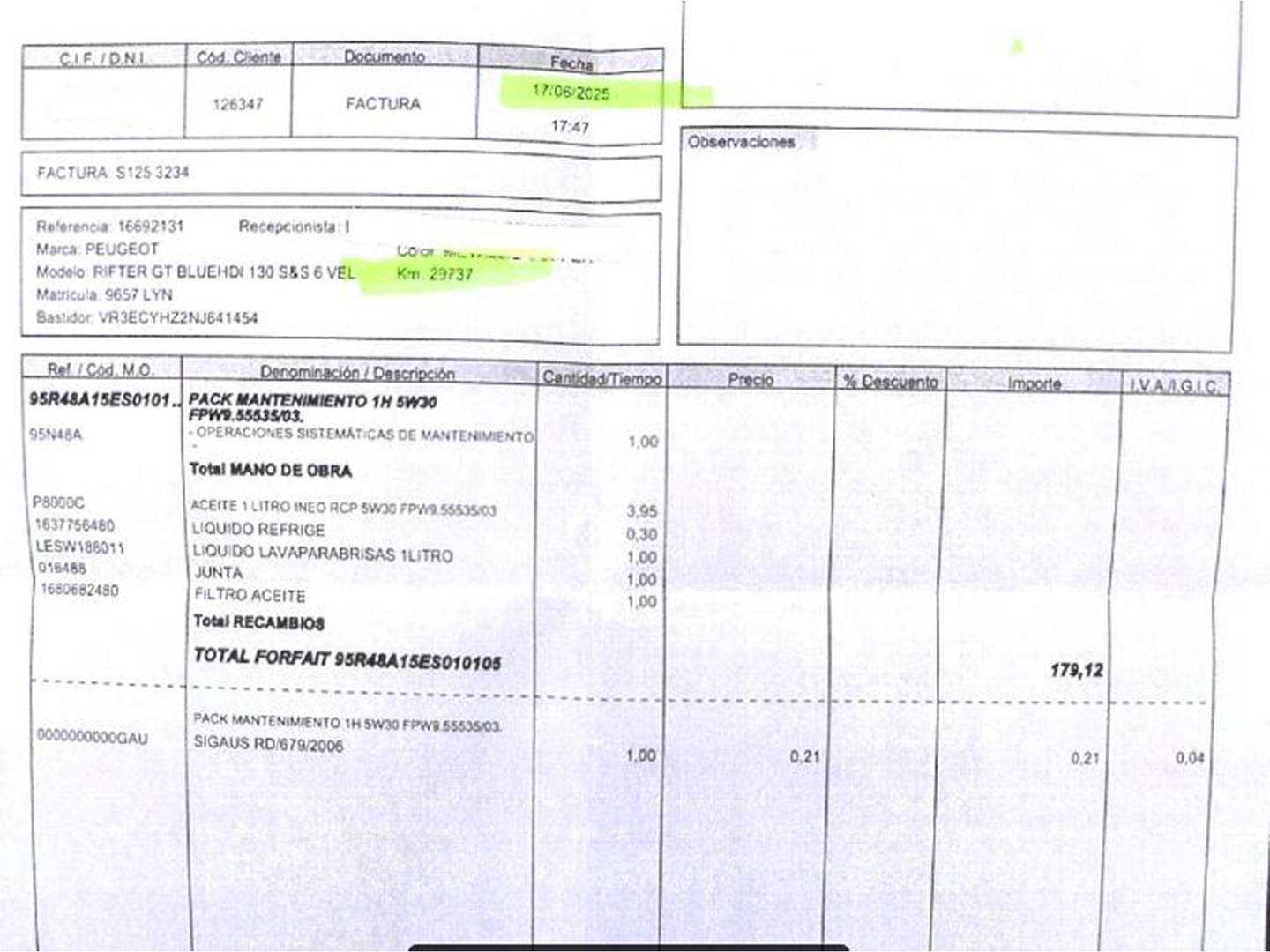 Foto del mantenimiento del Peugeot Rifter Peugeot Rifter BlueHDi 130 GT Standard (130 CV)
