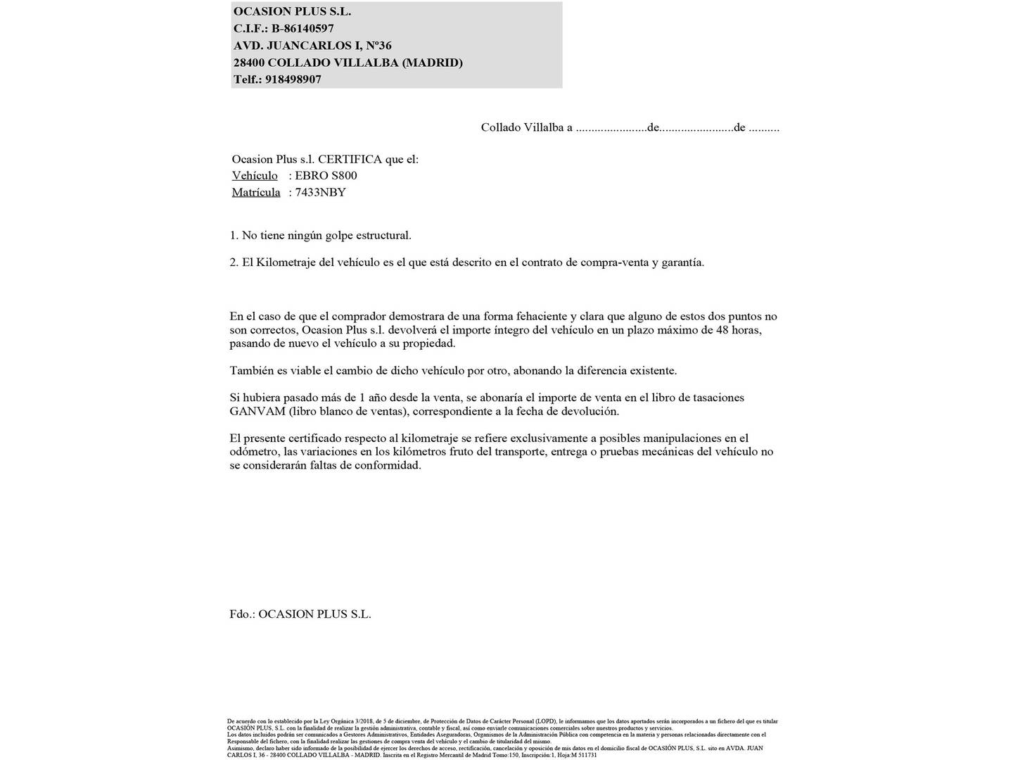Foto del certificado del EBRO S800 EBRO S800 1.6 TGDI Premium DCT (147 CV) 7 Plazas
