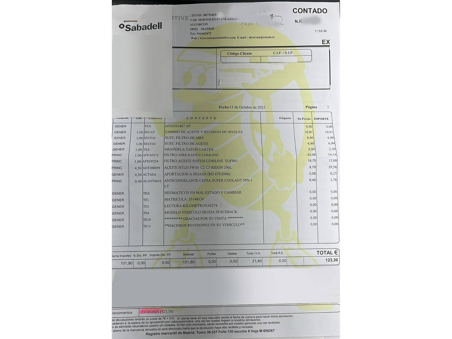 Foto del mantenimiento del Skoda Spaceback Skoda Spaceback 1.0 TSI Ambition (95 CV)