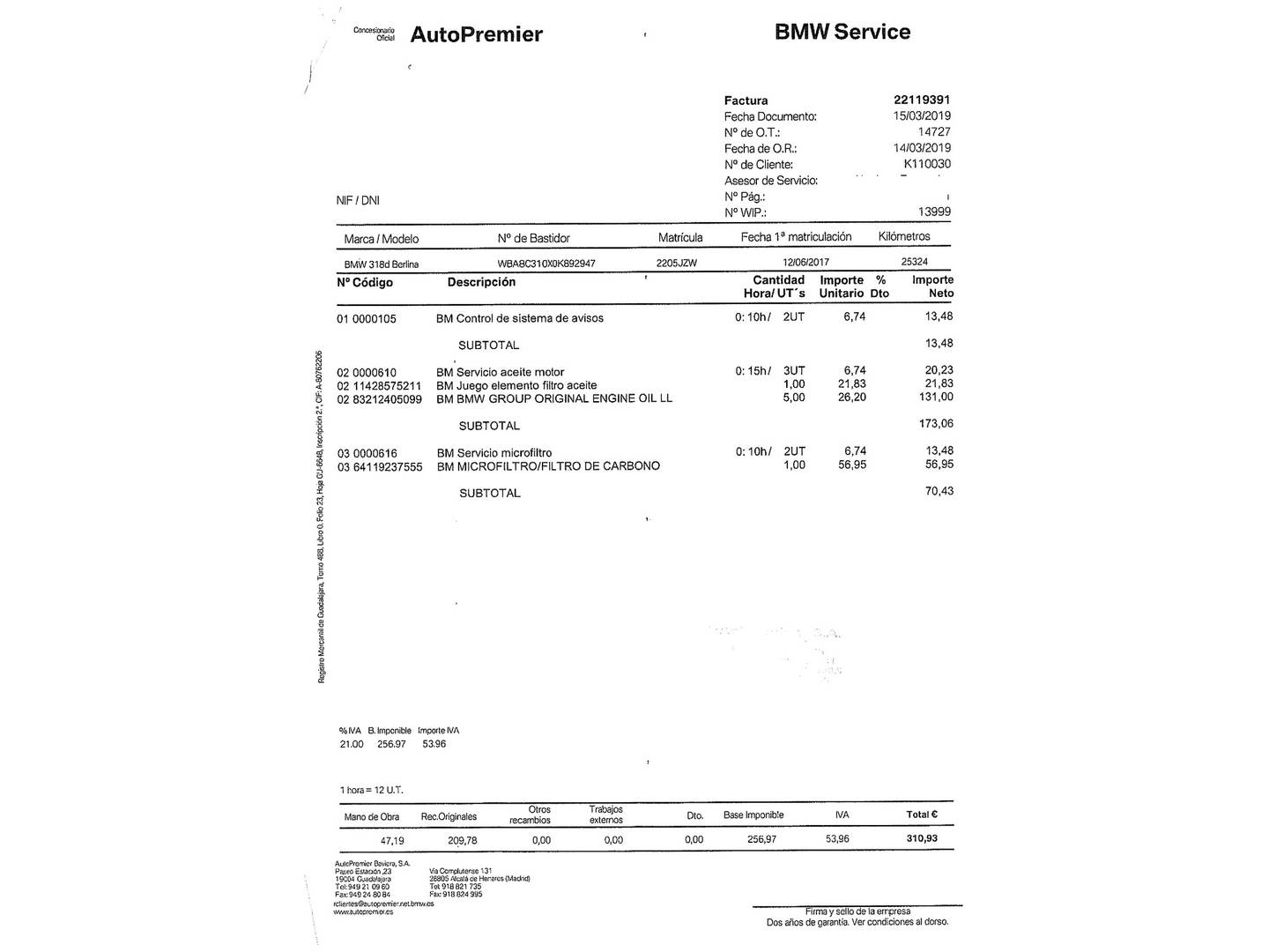 Foto del certificado del BMW Serie 3 BMW Serie 3 318d (150 CV)