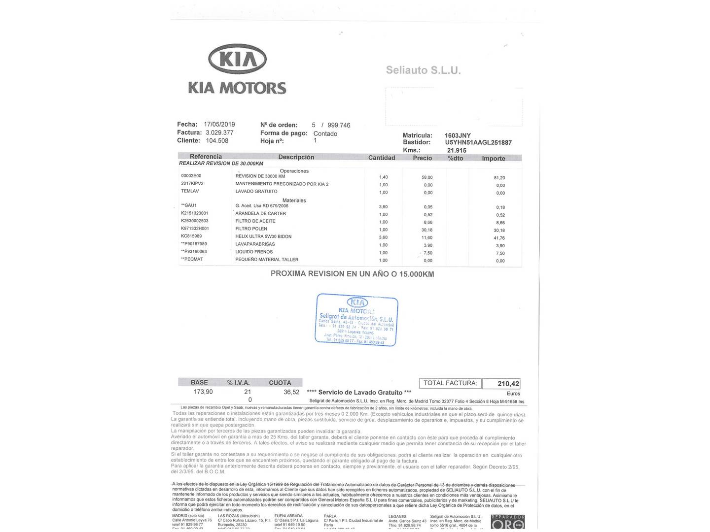 Foto del mantenimiento del KIA Ceed KIA Ceed 1.0 T-GDi Eco-Dynamics Tech (100 CV)
