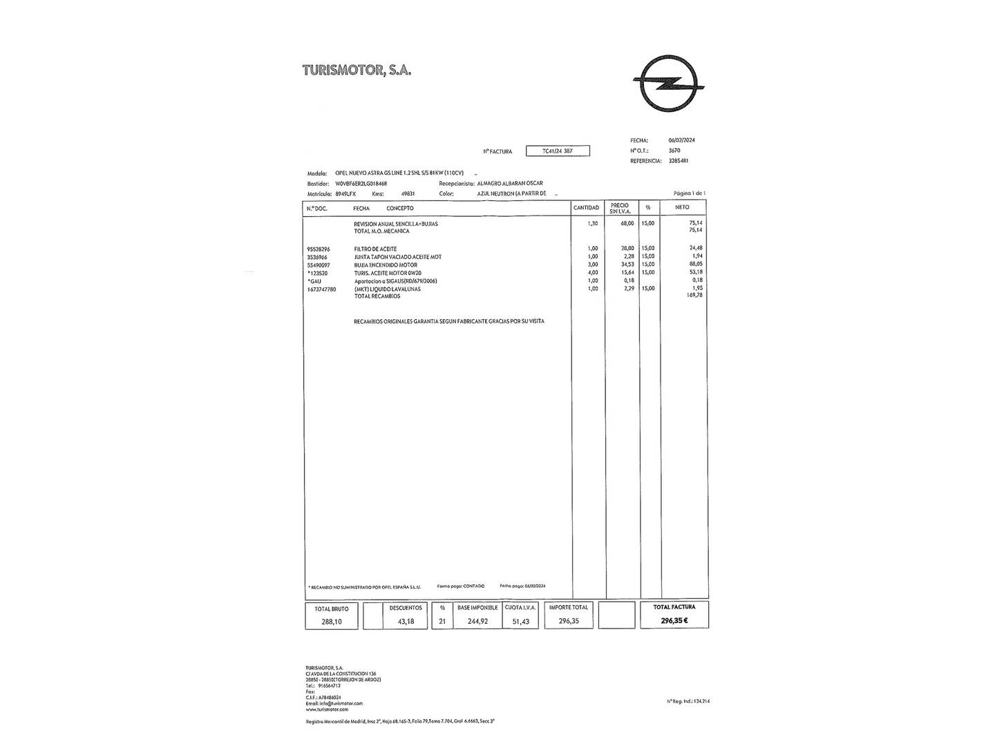 Foto del mantenimiento del Opel Astra Opel Astra 1.2 Turbo SHL GS Line (110 CV)