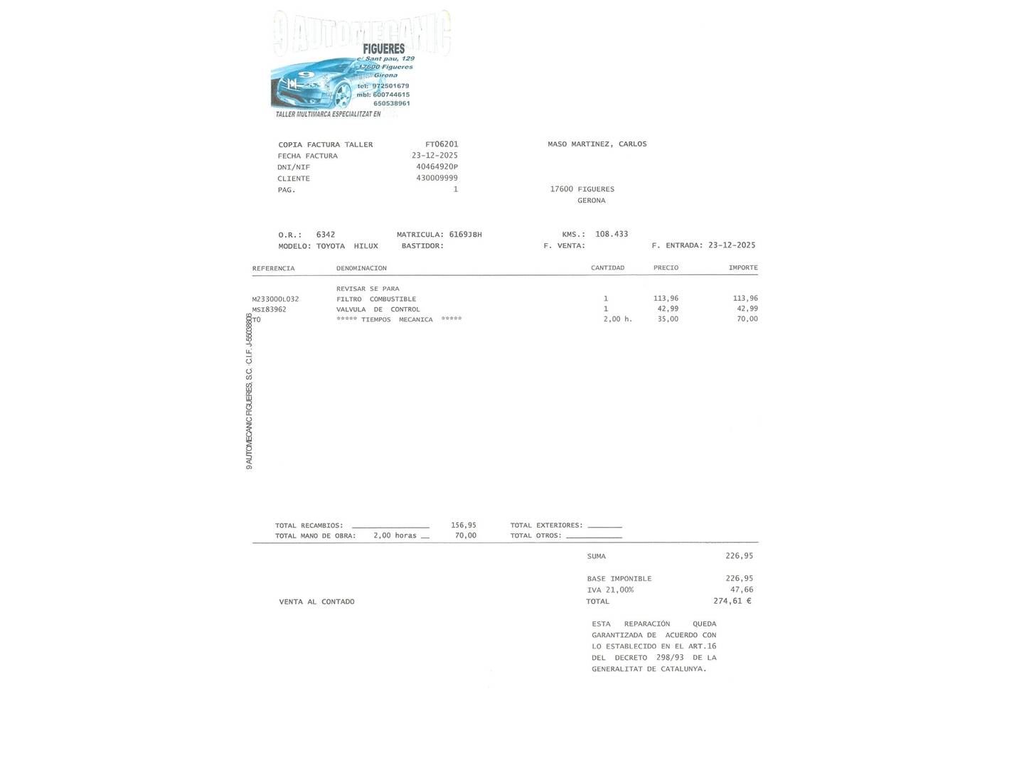 Foto del mantenimiento del Toyota Hilux Toyota Hilux 2.5 D-4D Doble Cabina GX 4x4  (144 CV)