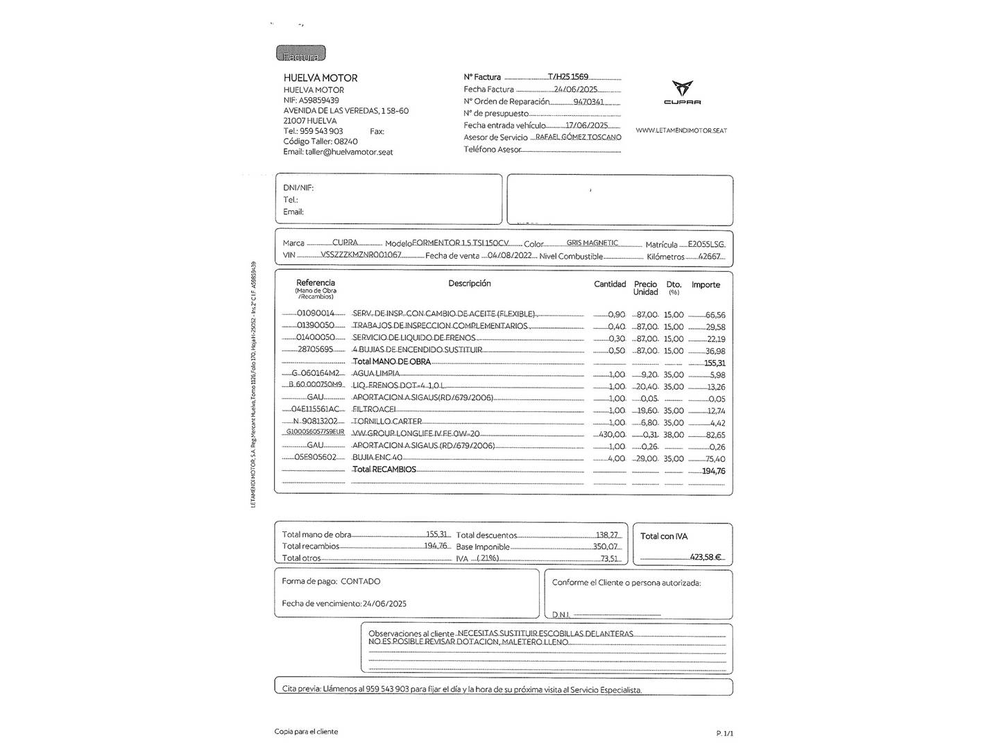 Foto del mantenimiento del Cupra Formentor CUPRA Formentor 1.5 TSI DSG (150 CV)